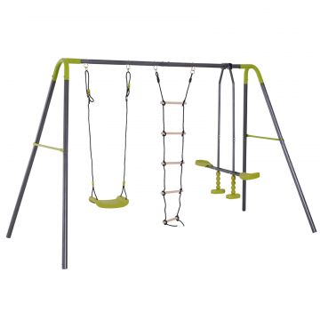 HOMCOM Stand pentru Copii 3 în 1 cu Leagăn, Leagăn Dublu și Scară de Cățărat, 215/295x138x175 cm, Verde | Aosom Romania