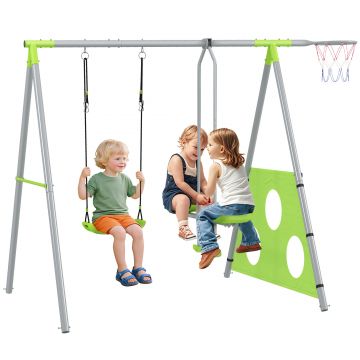 AIYAPLAY Leagăn de Grădină 4 în 1 pentru Copii cu Coș de Baschet și Poartă de Fotbal, 215x180x182 cm, Verde | Aosom Romania