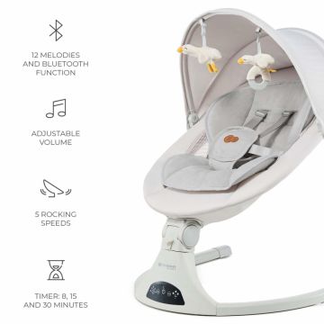 Baloansoar electric pentru copii Kinderkraft Tulsy Beige cu telecomanda, reglare spatar, plasa de tantari, jucarii, functii Bluetooth si USB