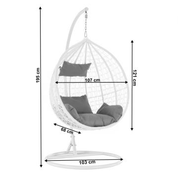 Fotoliu suspendat tip cuib oval cadru Alb si perna Gri, structura din otel, perne incluse, 103x107x195 cm,utilizare interiorexterior