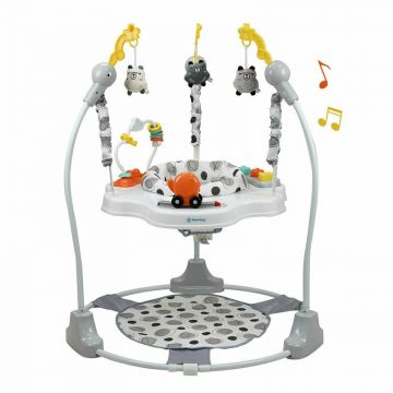 Jumper interactiv, Bebe Stars, Pliabil, Cu scaun rotativ 360 grade, Reglabil pe inaltime in 3 pozitii, Cu jucarii, Cu sunete, Include trambulina, Conform cu EN14036, EN71-1,2,3, EN IEC62115, Pana la 12 kg, 6 luni+, Panda, Resigilat