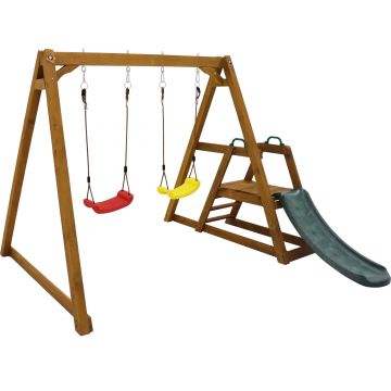 Leagăn Dublu pentru Copii din Lemn Masiv cu Tobogan de Grădină și Scară de Cățărat, Structură de Exterior, 239x240x169 cm, Natural