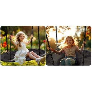 Leagan tip cuib pentru copii Neo-Sport Negru, Diametru 110 cm, Tesatura Oxford 600D impermeabila si rezistenta, Cadru din otel acoperit cu spuma PE moale, Greutate suportata 150kg, Franghii groase cu lungime reglabila