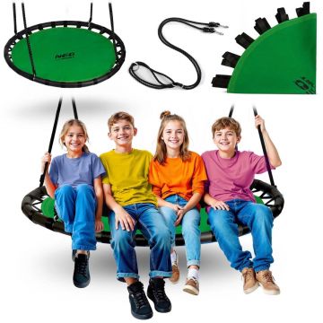 Leagan tip cuib pentru copii Neo-Sport Swingo Verde, Diametru 120 cm, Tesatura Oxford 600D impermeabila si rezistenta, Cadru din otel acoperit cu spuma PE moale, Greutate suportata 150kg, Franghii groase cu lungime reglabila