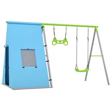 Set balansoar AIYAPLAY 3 in 1, Cort de Joacă, Balansoar, Inele de Gimnastică, Metal, Plastic, Verde | Aosom Romania