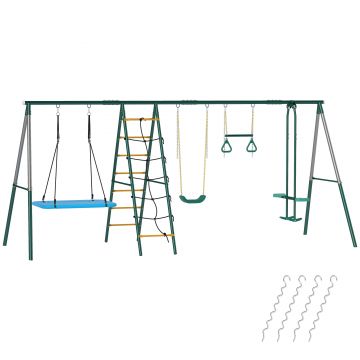 AIYAPLAY Cadru 5-în-1 pentru leagăn cu leagăn-tip-cuib reglabil, inele de gimnastică, scaun dublu, cadru de cățărare pentru 3-8 ani 440x175x203 cm | Aosom Romania