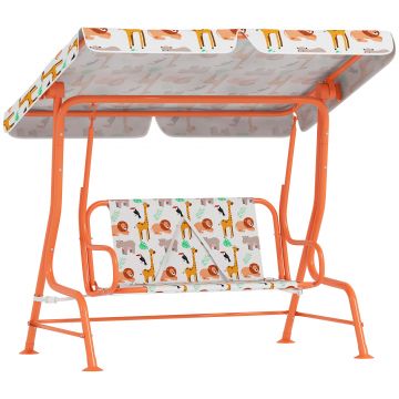 AIYAPLAY Leagăn pentru Copii cu 2 Locuri, Acoperiș Reglabil și Curele de Siguranță, Leagăn pentru Grădină și Interior din Oțel și Material Oxford, Max 60 kg, 112x75x120 cm, Portocaliu | Aosom Romania