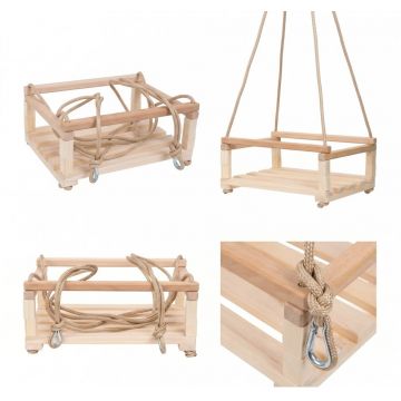 Leagan mare din lemn pentru copii Klemys Collection Natur 40x30 cm cu franghii reglabile,bara de protectie,utilizare interiorexterior