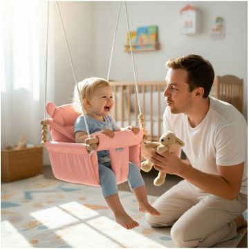 Leagan suspendat pentru bebelusi Malplay Malo Pink, cu pernute confortabile si centuri de siguranta, din panza bumbac, design versatil, varsta 12-36 luni, maxim 60 kg