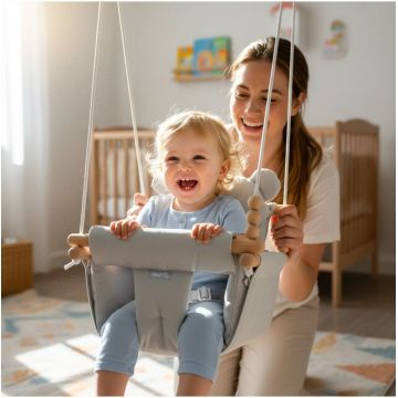 Leagan suspendat pentru bebelusi Malplay Malo Wave Grey, cu pernute confortabile si centuri de siguranta, din panza bumbac, design versatil, varsta 12-36 luni, maxim 60 kg