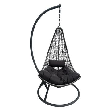 Leagăn tip cuib cu bază Soleil, metal negru, ratan natural, pernă, neagră, 120x95x195 cm - Antracit