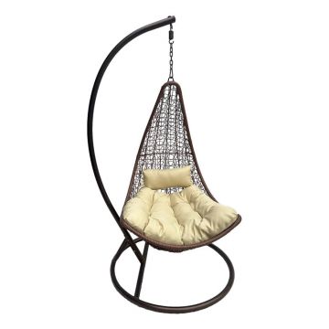 Leagăn tip cuib pe bază Soleil, Metal Negru - Ratan Natural, Pernă, Neagră, 120x95x195 cm
