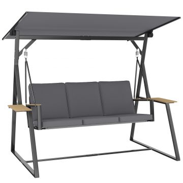 Outsunny Balansoar exterior de grădină cu 3 locuri, acoperiș reglabil, 2 tăvi, perne și cadru metalic, sarcină 360 kg, gri | Aosom Romania