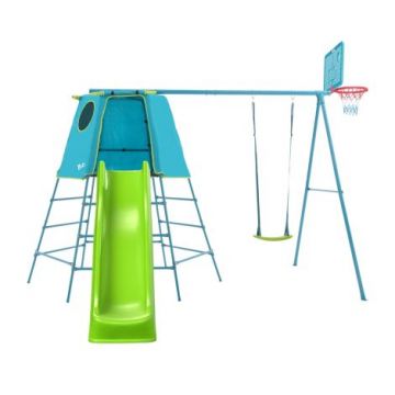Set TP Explorer albastru cu cadru metalic de catarare, leagan si tobogan